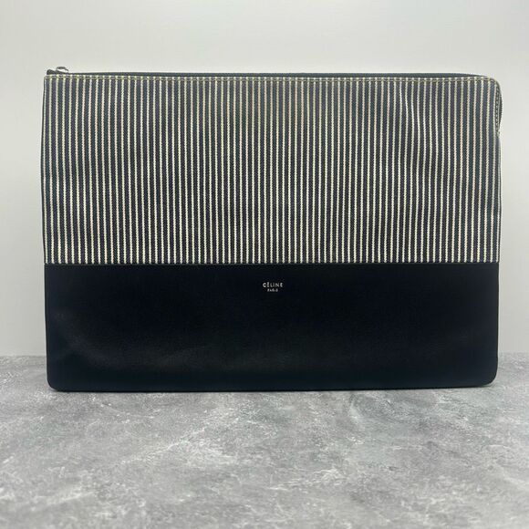 Celine Canvas Stripped Black Leather Large Clutch Pouch - Picture 1 of 13